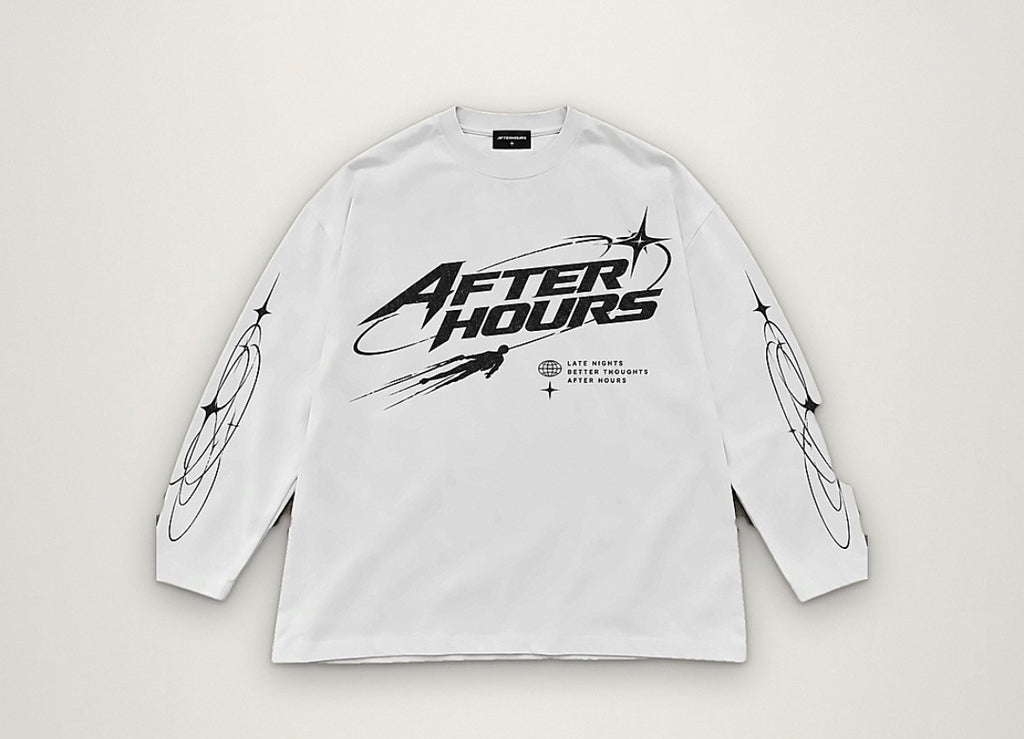 After Hours Orbit Long Sleeve Tee in white, distressed AFTER HOURS front graphic with orbit prints down both sleeves