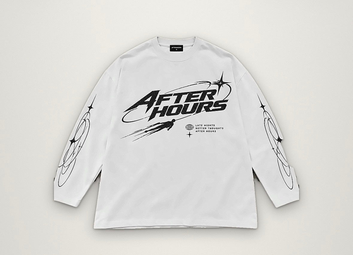After Hours Orbit Long Sleeve Tee in white, distressed AFTER HOURS front graphic with orbit prints down both sleeves