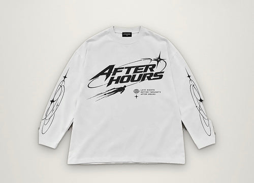 After Hours Orbit Long Sleeve Tee in white, distressed AFTER HOURS front graphic with orbit prints down both sleeves