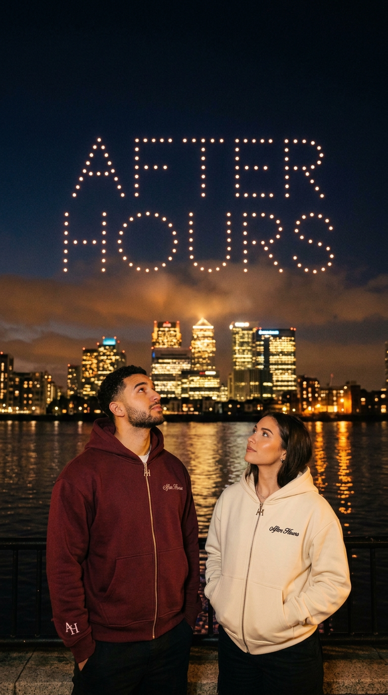 After Hours drone light show over the Thames with models in maroon and cream hoodies