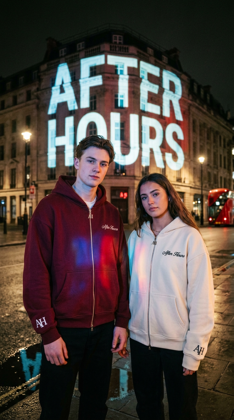 AFTER HOURS projected on a London building at night, models in maroon and cream zip hoodies
