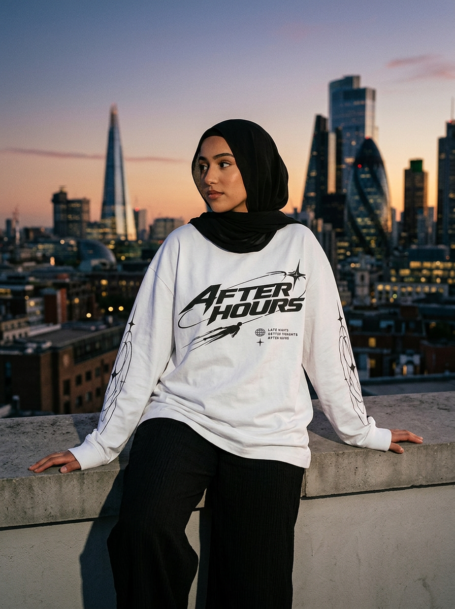Model in a hijab wearing the After Hours Orbit Long Sleeve Tee on a London rooftop at dusk