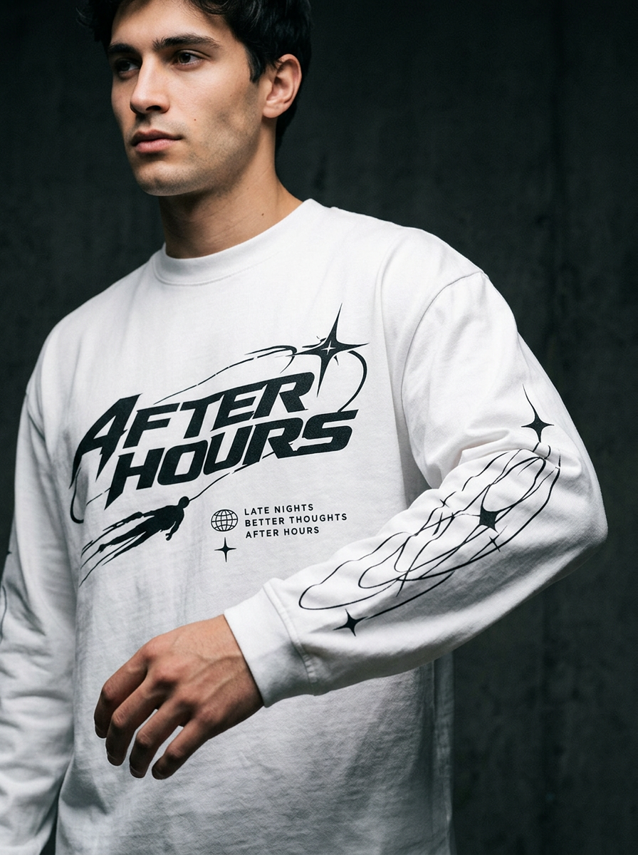 Close-up of the After Hours Orbit Long Sleeve Tee chest graphic and sleeve print