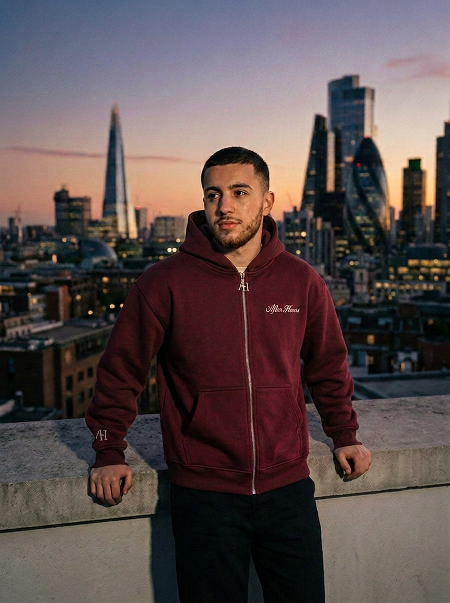 Model wearing the maroon After Hours Signature Zip Hoodie on a London rooftop