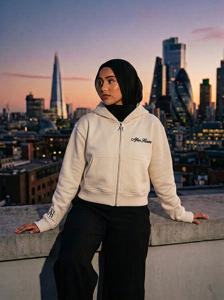 Model in a hijab wearing the cream After Hours Signature Zip Hoodie on a London rooftop