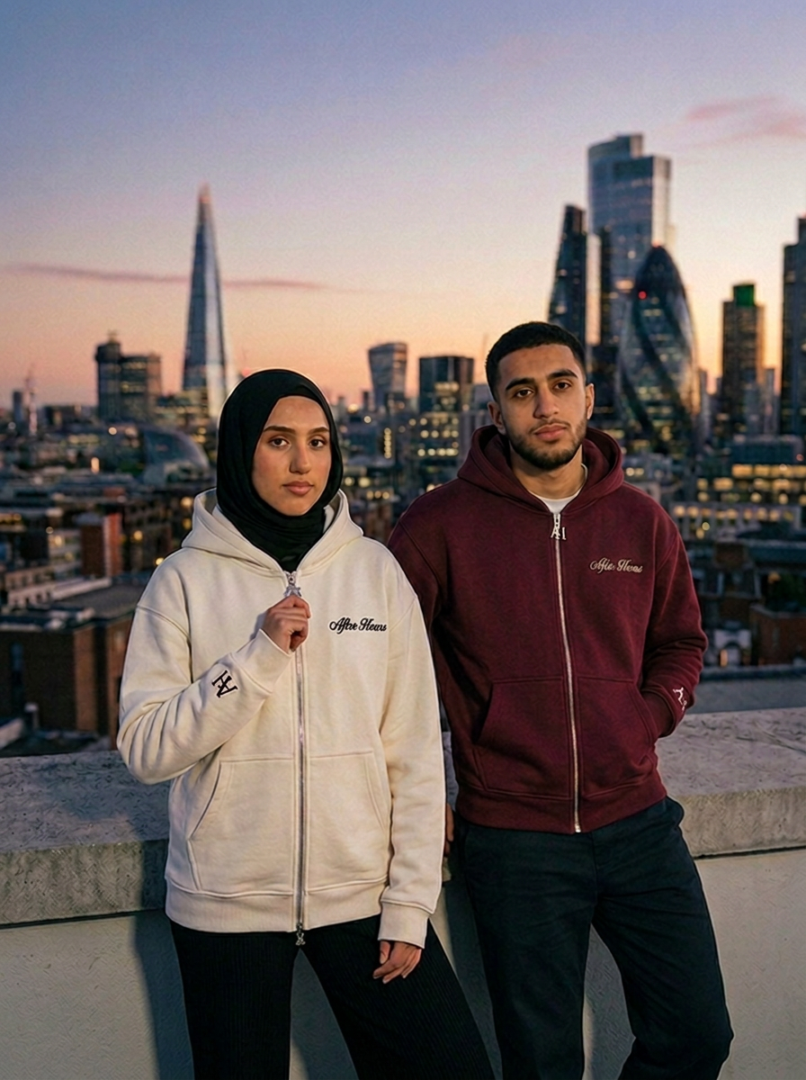 Models wearing the After Hours maroon and cream Signature Zip Hoodies on a London rooftop at dusk