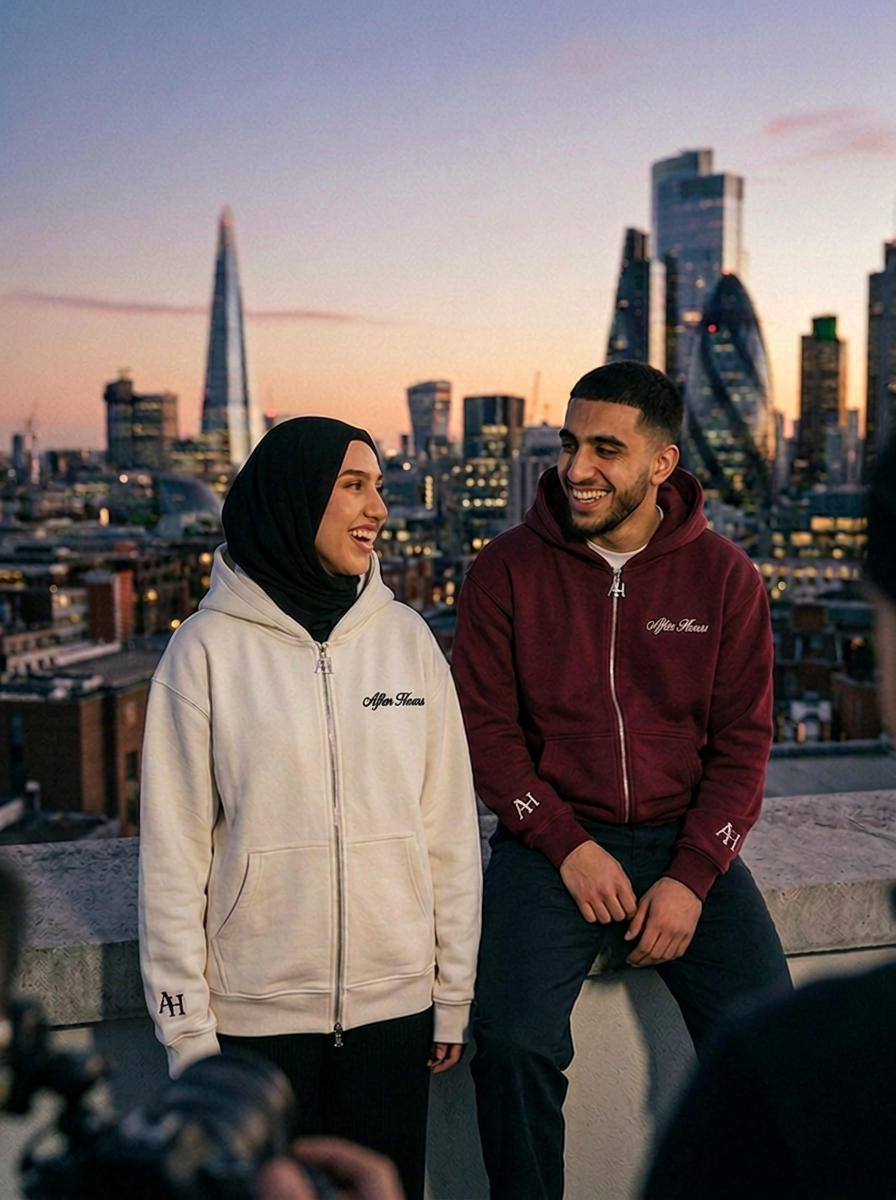 Two models laughing on a rooftop in After Hours maroon and cream zip hoodies
