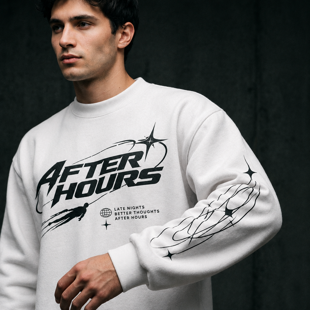 Close-up of the heavyweight After Hours Orbit Long Sleeve Tee chest graphic and sleeve print