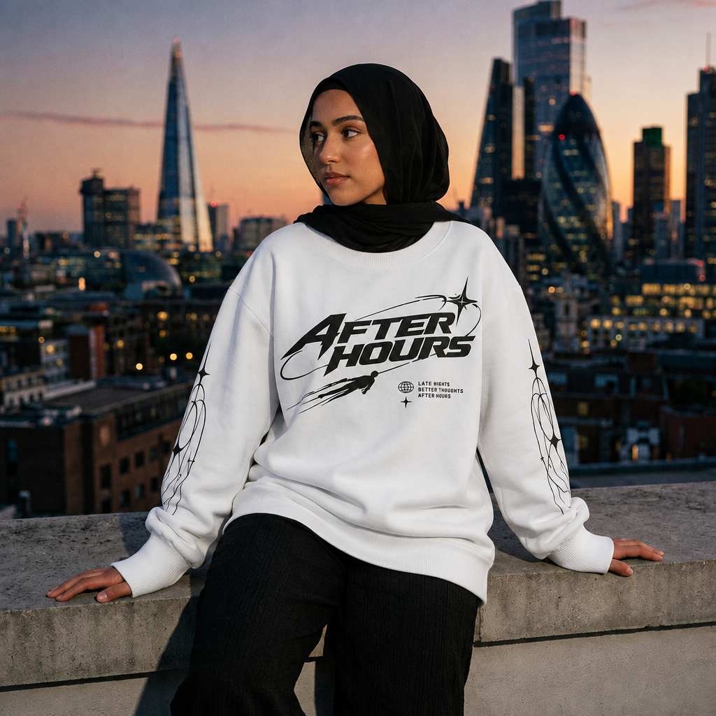 Model in a hijab wearing the heavyweight After Hours Orbit Long Sleeve Tee on a London rooftop at dusk