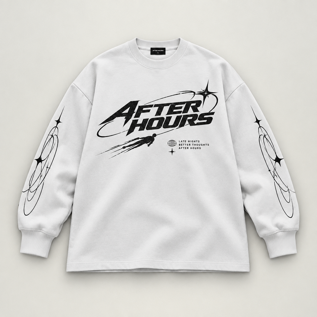 After Hours Orbit Long Sleeve Tee in white heavyweight cotton with ribbed cuffs, distressed AFTER HOURS front graphic and orbit sleeve prints