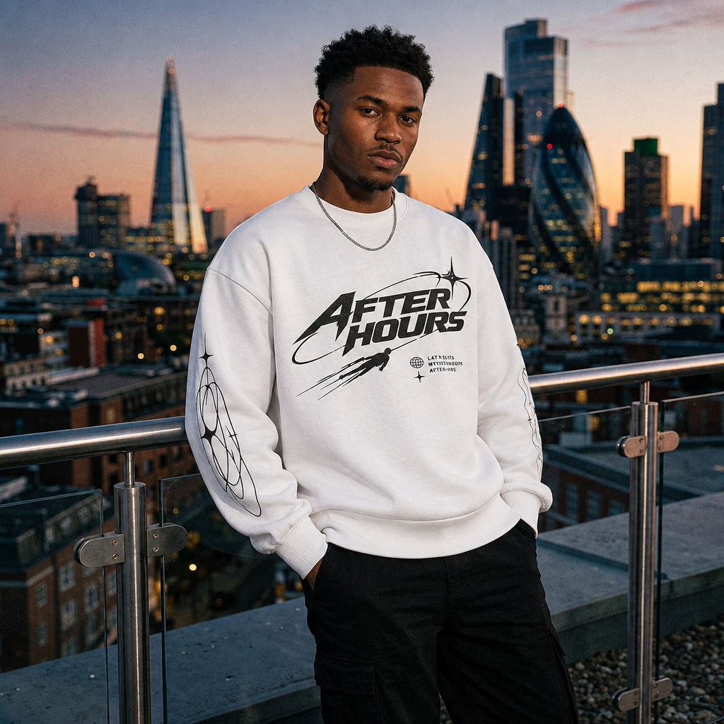 Model wearing the heavyweight After Hours Orbit Long Sleeve Tee on a London rooftop at dusk