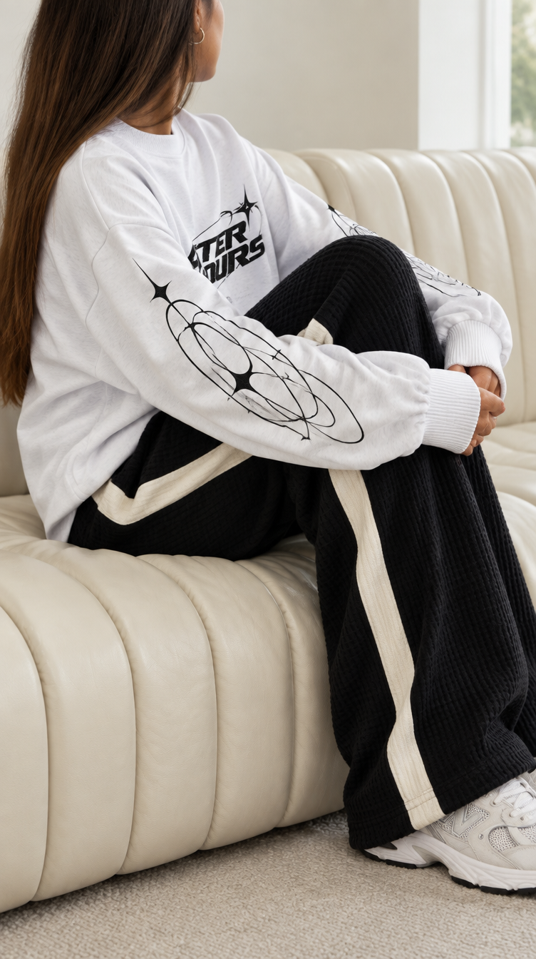Side profile of the After Hours Orbit Long Sleeve Tee showing the orbit sleeve print and ribbed cuffs